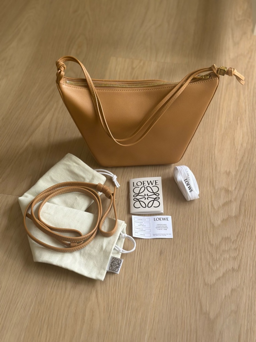 Loewe Mini Hammock Cognac Brown Tan Leather Shoulder Bag Crossbody Strap
